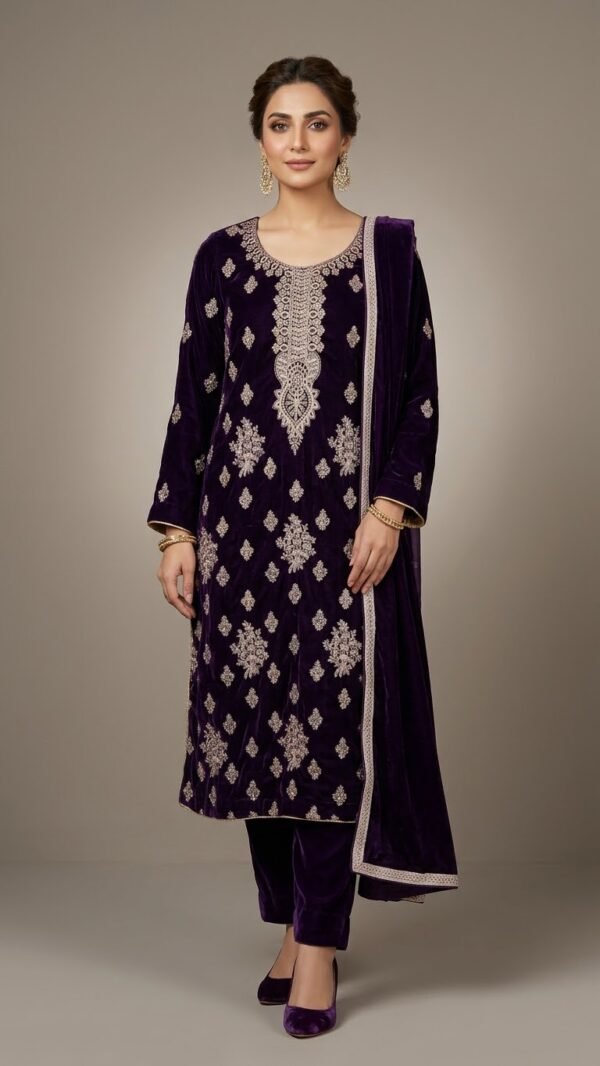 Women's Deep Purple Embroidered Velvet 3-Piece Suit