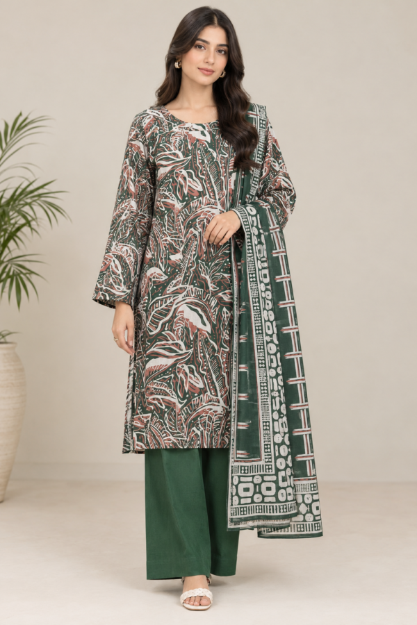 Women's Green Printed 3-Piece Suit with Matching Dupatta