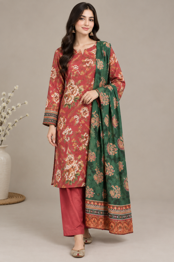 Women's Red Floral Printed 3-Piece Suit with Green Dupatta