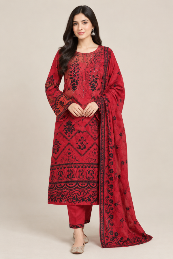 Women's Red and Black Printed 3-Piece Pakistani Suit